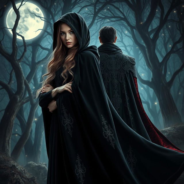 An evocative scene depicting a witch in a flowing dark cloak standing confidently with her body facing forward, her piercing gaze directed outward