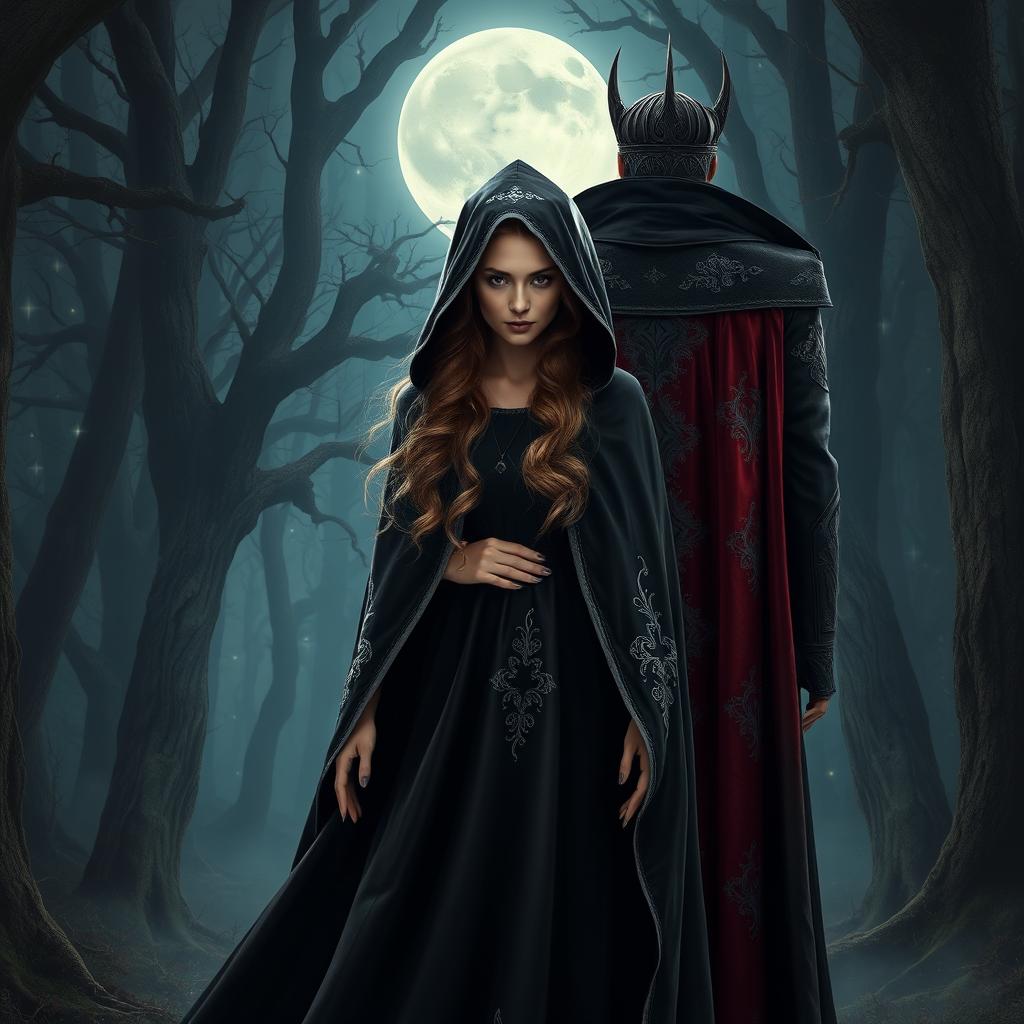 An evocative scene depicting a witch in a flowing dark cloak standing confidently with her body facing forward, her piercing gaze directed outward