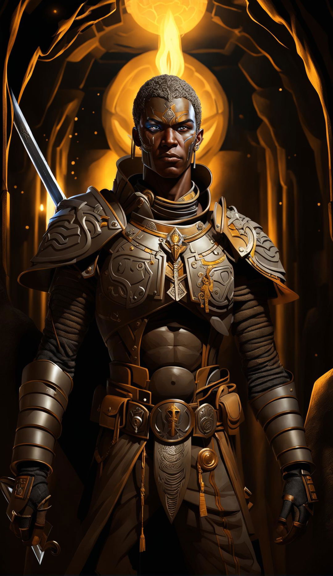 HD digital art portrait of an African Paladin from DND, standing in a dimly lit stone corridor, clad in intricately designed plate armor and holding an ornate shield and longsword.