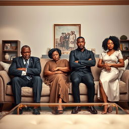 An angry black president and his equally furious black wife sitting side by side on an elegant sofa, both expressing deep emotions reflective of a dramedy