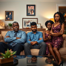 An angry black president and his equally furious black wife sitting side by side on an elegant sofa, both expressing deep emotions reflective of a dramedy