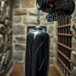 A close-up image featuring a huge black baseball bat, the bat is wrapped in clear plastic and positioned prominently