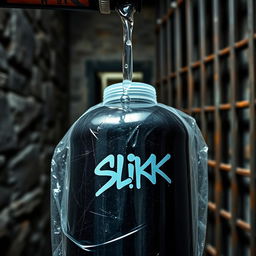 A close-up image featuring a huge black baseball bat, the bat is wrapped in clear plastic and positioned prominently