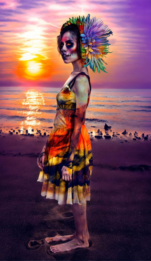 Zombie woman in tattered orange sundress and flower headpiece on a detailed beach at sunset. Full body side profile view with dress blowing in the wind. Double exposure effect with brilliant sunset and detailed waves.