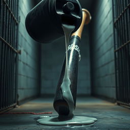 A huge black baseball bat, wrapped in clear plastic, positioned in the center of a dimly lit prison cell