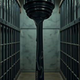 A huge black baseball bat, wrapped in clear plastic, positioned in the center of a dimly lit prison cell
