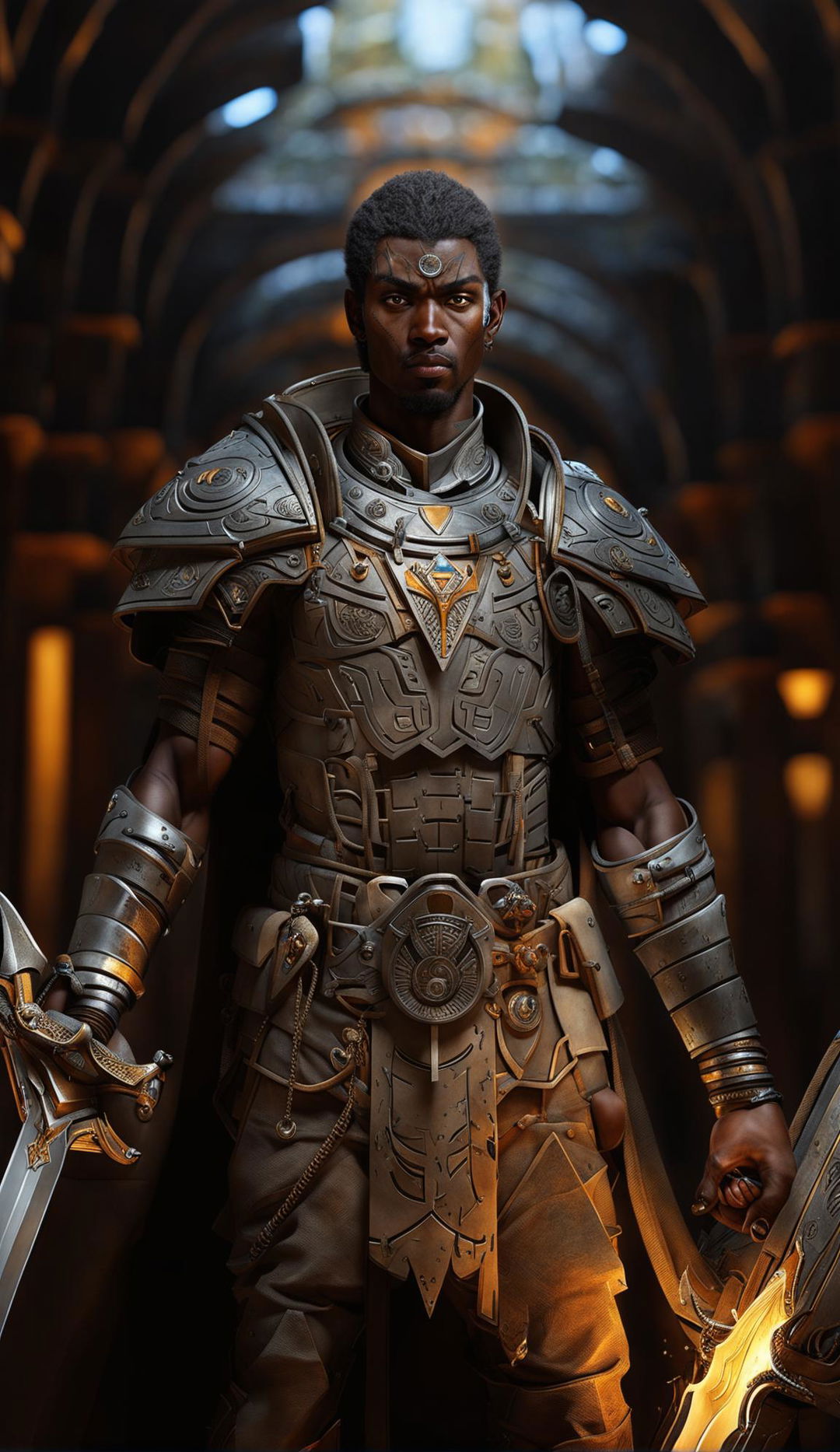 Ultra-HD digital art portrait of an African Paladin from DND in a dimly lit stone corridor, featuring intricate armor design, tribal facial markings, ornate shield and longsword.