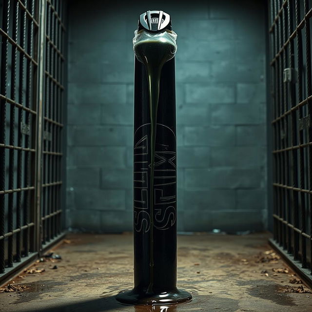 A huge black baseball bat, wrapped in clear plastic, positioned in the center of a dimly lit prison cell