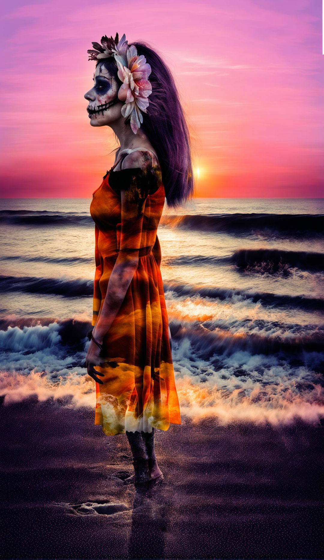 Ultra-detailed 36k professional photograph of a decaying zombie woman in a tattered sundress and flower headpiece standing at the beach shoreline, staring away at a brilliant sunset. Full body side profile view with double exposure effect.