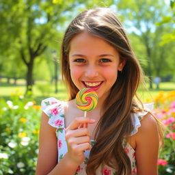 A charming teenage girl with playful energy, happily licking a brightly colored lollipop