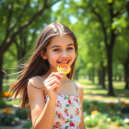 A charming teenage girl with playful energy, happily licking a brightly colored lollipop