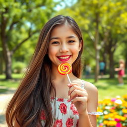 A charming teenage girl with playful energy, happily licking a brightly colored lollipop