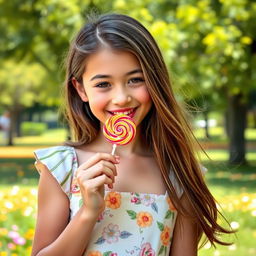 A charming teenage girl with playful energy, happily licking a brightly colored lollipop