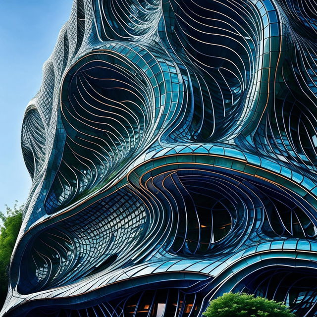 A futuristic building inspired by the form of a vine, captured in high-definition architectural photography. The structure is intricate and elegant, with details reflecting nature's patterns.