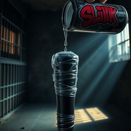 A gigantic black baseball bat tightly wrapped in clear plastic, positioned prominently in a dimly lit prison cell