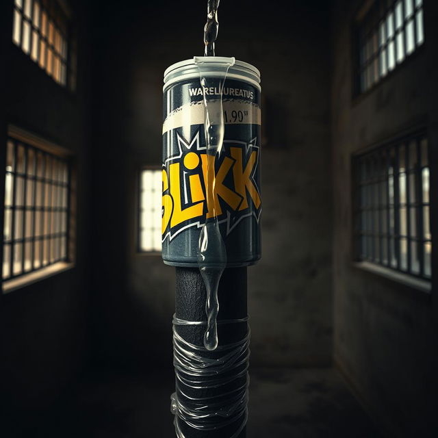 A gigantic black baseball bat tightly wrapped in clear plastic, positioned prominently in a dimly lit prison cell