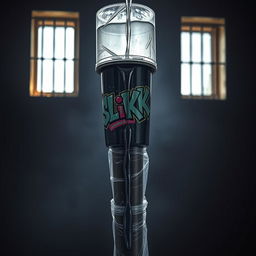 A gigantic black baseball bat tightly wrapped in clear plastic, positioned prominently in a dimly lit prison cell
