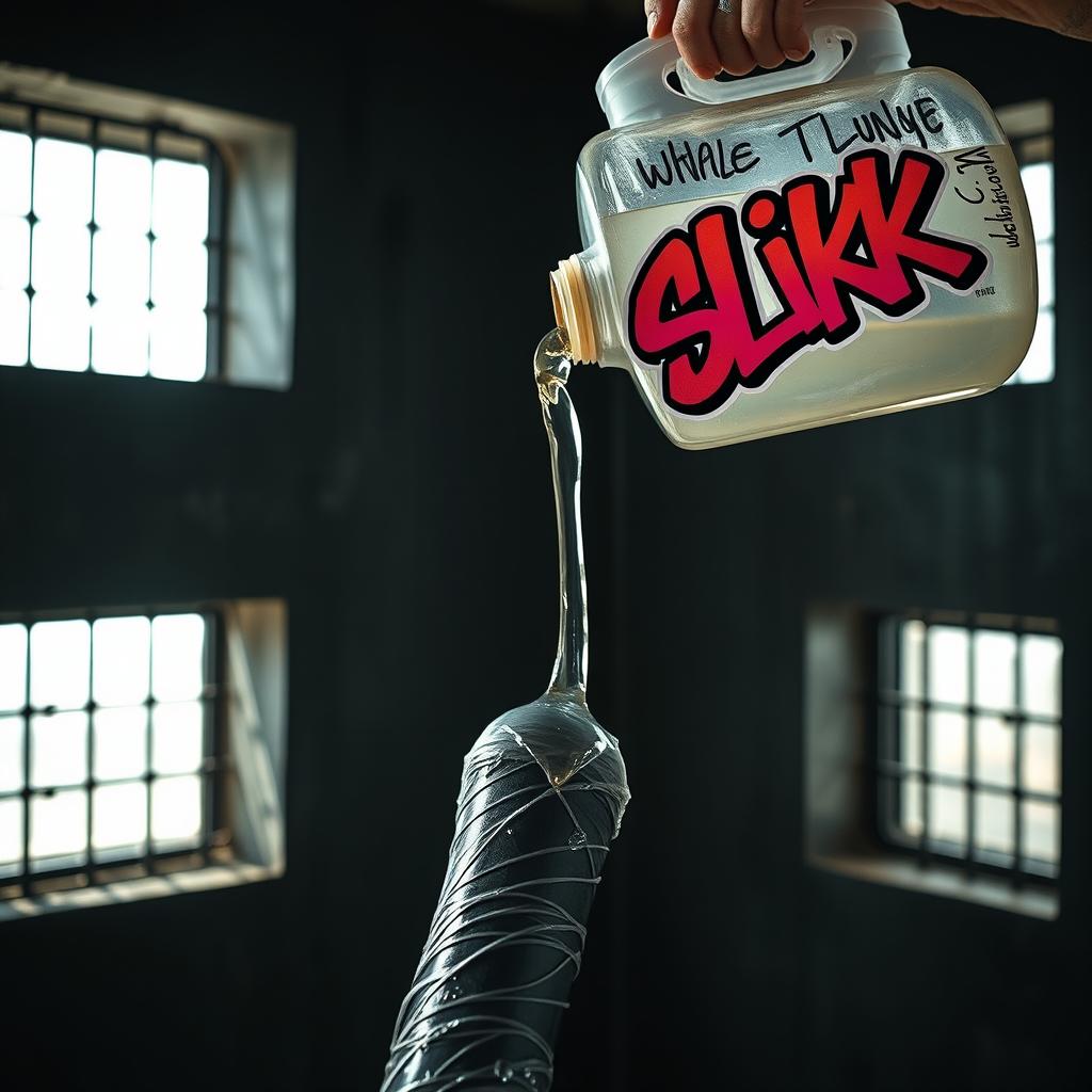 A gigantic black baseball bat tightly wrapped in clear plastic, positioned prominently in a dimly lit prison cell