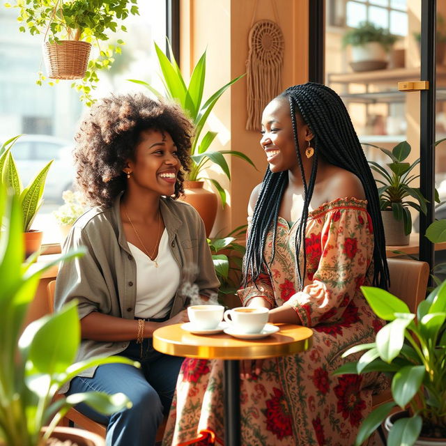 A charming, heartfelt scene from a dramedy featuring a transgender black woman and her girlfriend in a cozy coffee shop