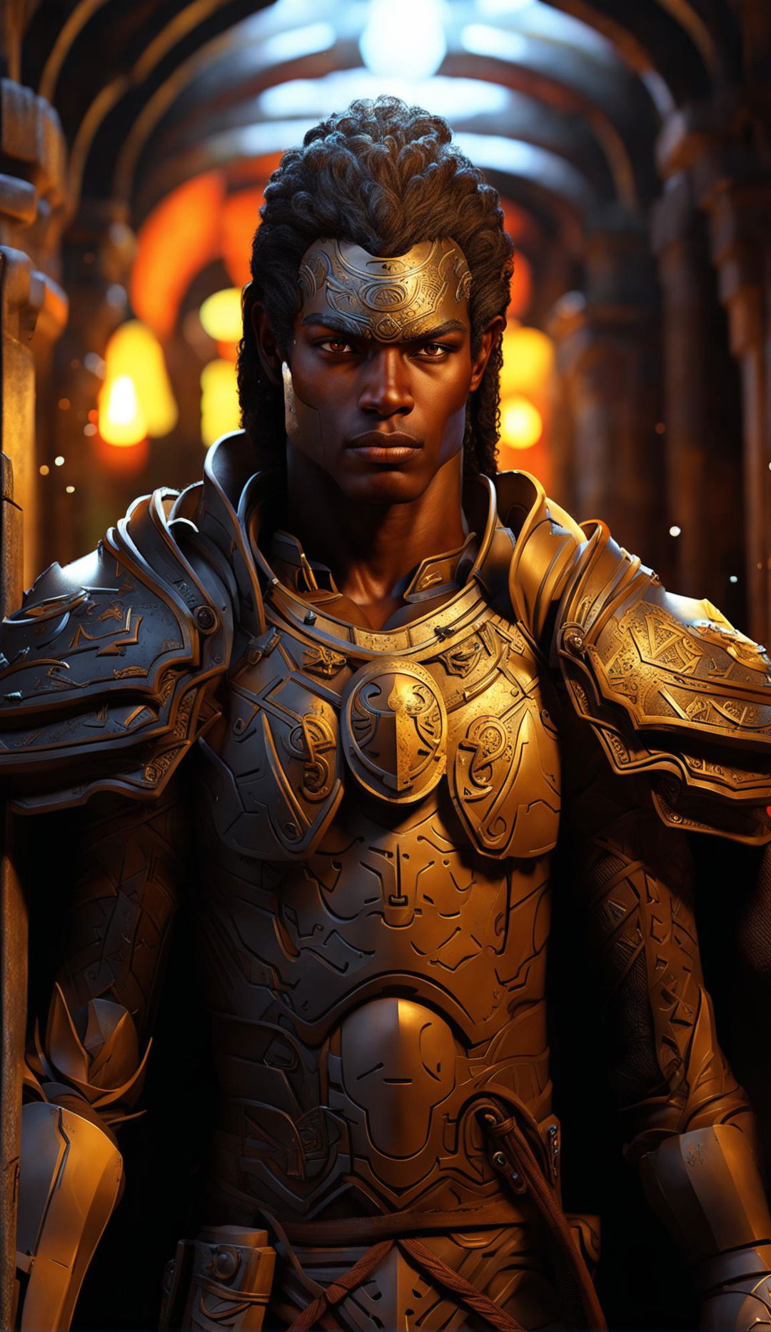 Ultra-HD digital art portrait of a handsome African Paladin from DND in a dimly lit stone corridor, featuring intricate armor design, tribal facial markings, ornate shield and longsword.