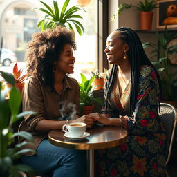 A charming, heartfelt scene from a dramedy featuring a transgender black woman and her girlfriend in a cozy coffee shop
