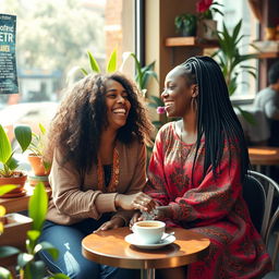 A charming, heartfelt scene from a dramedy featuring a transgender black woman and her girlfriend in a cozy coffee shop