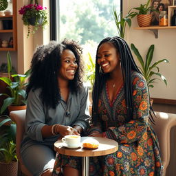 A charming, heartfelt scene from a dramedy featuring a transgender black woman and her girlfriend in a cozy coffee shop