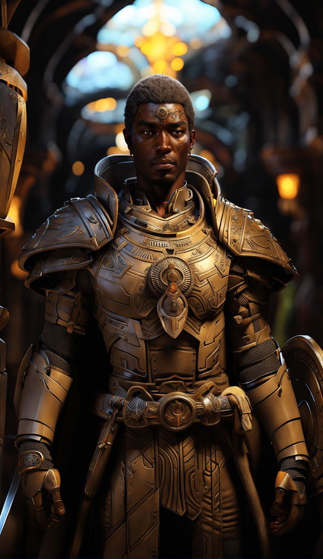 Ultra-HD digital art portrait of a strikingly handsome African Paladin from DND in a dimly lit stone corridor, featuring highly intricate armor design, tribal facial markings, ornate shield and longsword.