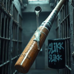 A huge black baseball bat wrapped in clear plastic, with clear lubricant pouring over the tip, creating a glossy dripping effect