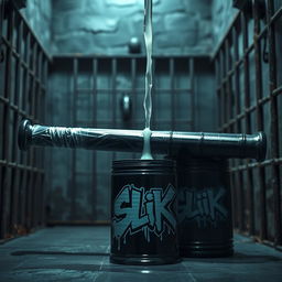 A huge black baseball bat wrapped in clear plastic, with clear lubricant pouring over the tip, creating a glossy dripping effect
