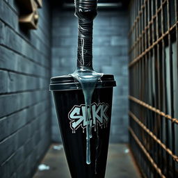 A huge black baseball bat wrapped in clear plastic, with clear lubricant pouring over the tip, creating a glossy dripping effect