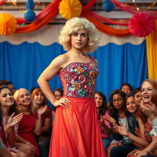 A comedic and heartfelt scene from a dramedy featuring a man dressed as a woman, standing confidently in front of a colorful backdrop at a talent show