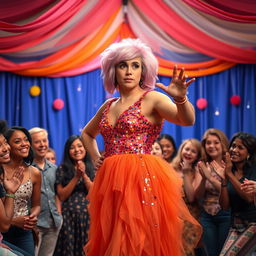 A comedic and heartfelt scene from a dramedy featuring a man dressed as a woman, standing confidently in front of a colorful backdrop at a talent show