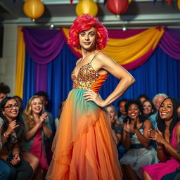 A comedic and heartfelt scene from a dramedy featuring a man dressed as a woman, standing confidently in front of a colorful backdrop at a talent show