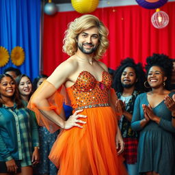 A comedic and heartfelt scene from a dramedy featuring a man dressed as a woman, standing confidently in front of a colorful backdrop at a talent show