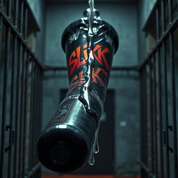 A HUGE black baseball bat wrapped in clear plastic, glistening with clear lube pouring over its tip