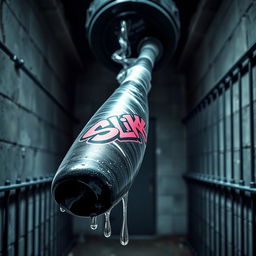 A HUGE black baseball bat wrapped in clear plastic, glistening with clear lube pouring over its tip