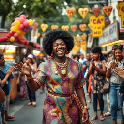 A vibrant, feel-good scene from a dramedy featuring a black man dressed as a woman, confidently strutting down a lively street during a festival