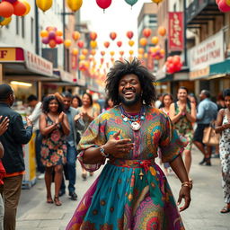 A vibrant, feel-good scene from a dramedy featuring a black man dressed as a woman, confidently strutting down a lively street during a festival