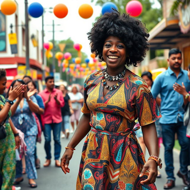 A vibrant, feel-good scene from a dramedy featuring a black man dressed as a woman, confidently strutting down a lively street during a festival