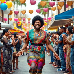 A vibrant, feel-good scene from a dramedy featuring a black man dressed as a woman, confidently strutting down a lively street during a festival
