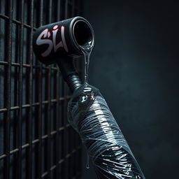 A huge black baseball bat wrapped in clear plastic, with clear lube pouring from a large black lube container featuring graffiti art that reads "SLiKK"