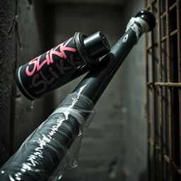 A huge black baseball bat wrapped in clear plastic, with clear lube pouring from a large black lube container featuring graffiti art that reads "SLiKK"