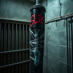 A huge black baseball bat wrapped in clear plastic, with clear lube pouring from a large black lube container featuring graffiti art that reads "SLiKK"