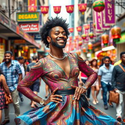 A vibrant and humorous scene from a dramedy featuring a black man dressed as a woman, confidently posing on a bustling city street