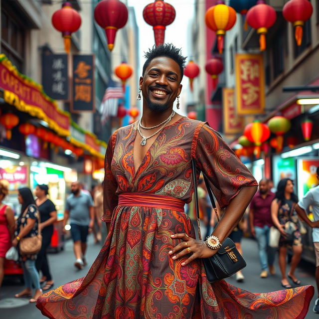 A vibrant and humorous scene from a dramedy featuring a black man dressed as a woman, confidently posing on a bustling city street