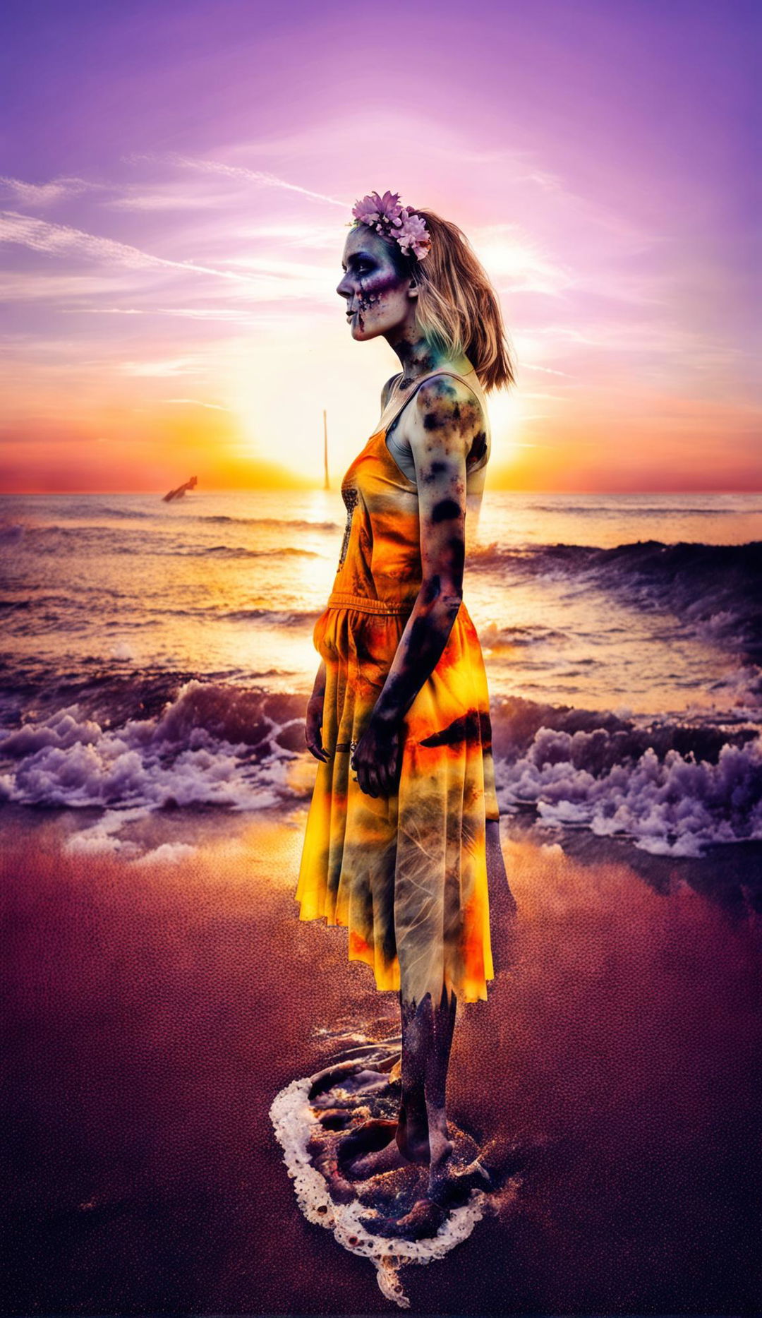 Ultra-detailed 36k professional photograph of a decaying zombie woman in a tattered sundress and flower headpiece standing at the beach shoreline, staring away at a brilliant sunset. Full body side profile view with double exposure effect. Realistic style.