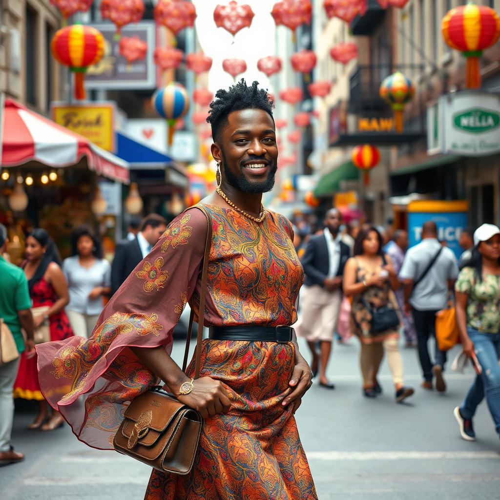 A vibrant and humorous scene from a dramedy featuring a black man dressed as a woman, confidently posing on a bustling city street