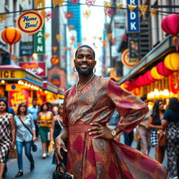 A vibrant and humorous scene from a dramedy featuring a black man dressed as a woman, confidently posing on a bustling city street