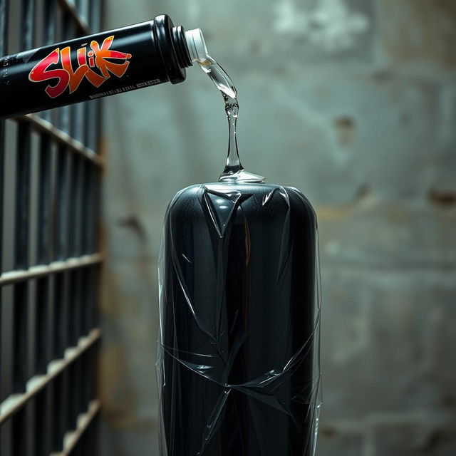 A huge black baseball bat wrapped in clear plastic, sitting upright in a prison cell